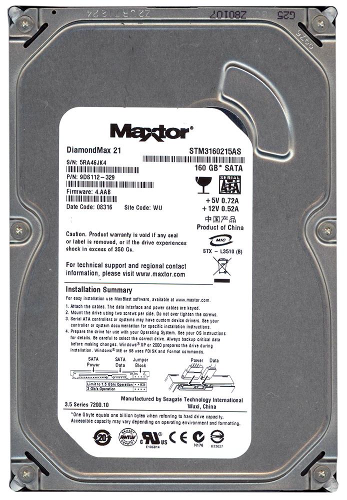 9DS112-329 Seagate DiamondMax 21 160GB 7200RPM SATA 3Gbps 2MB Cache 3.5-inch Internal Hard Drive