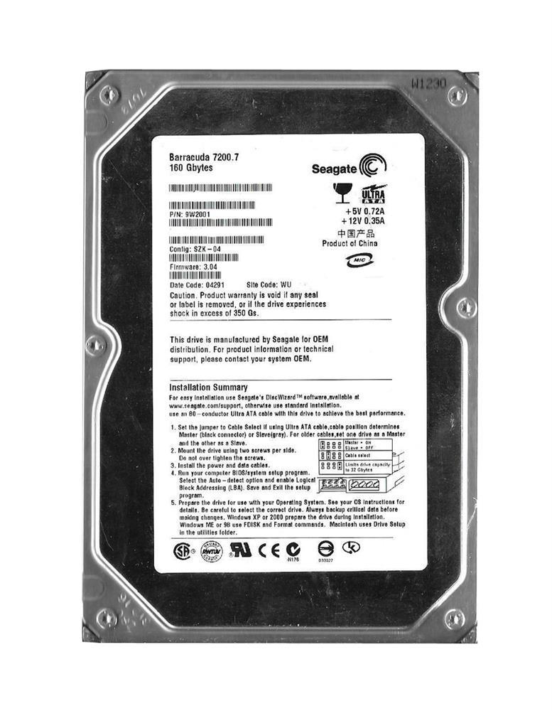 9W2001-008 Seagate Barracuda 7200.7 160GB 7200RPM ATA-100 2MB Cache 3.5-inch Internal Hard Drive