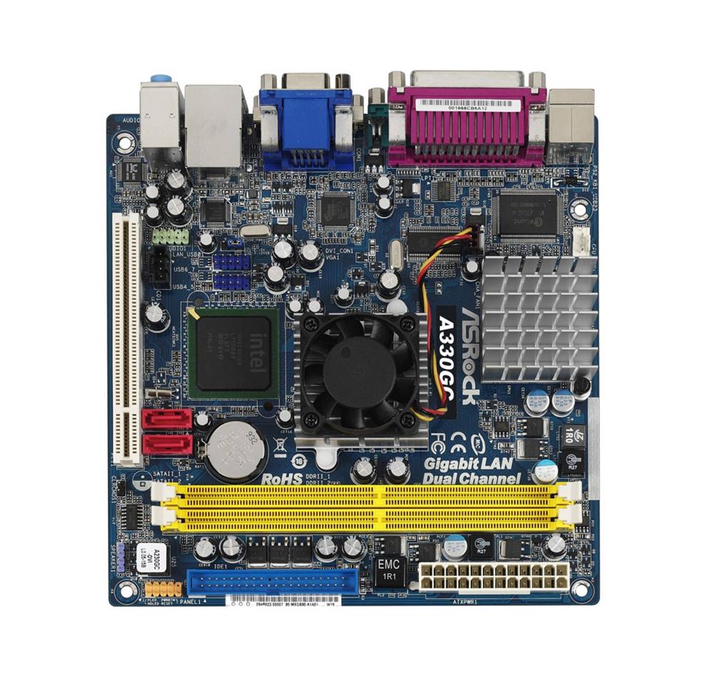 A330GC ASRock Intel 945GC + ICH7 Chipset Intel Atom 330 Dual-Core Processors Support DDR2 2x DIMM 2x SATA2 3.0Gb/s Mini-ITX Motherboard (Refurbished)