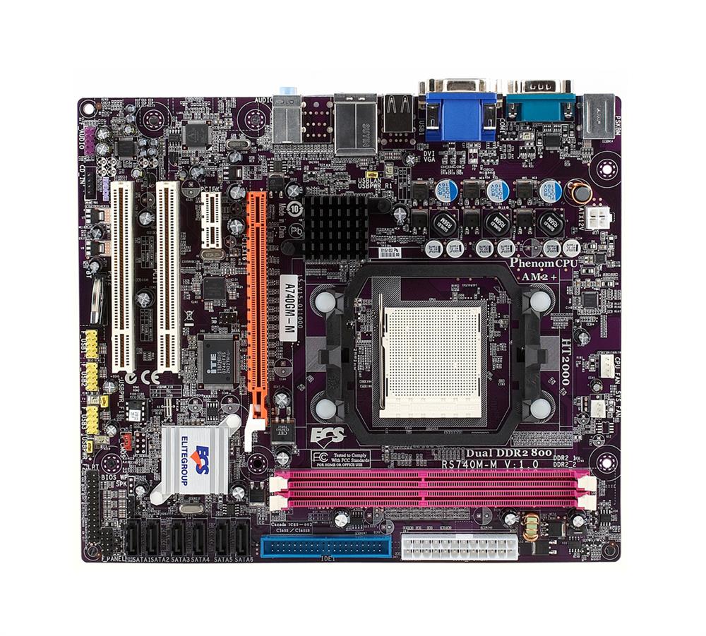 A740GMM ECS Socket AM2+ AMD 740G + SB710 Chipset AMD Phenom II X4/ Phenom II X3/ Phenom X4/ Phenom X3/ AMD Athlon II X4/ Athlon II X3/ Athlon X2/ Athlon 64 X2/ Athlon 64/ AMD Sempron Processors Support DDR2 2x DIMM 6x SATA 3.0Gb/s Micro-ATX Motherboard (Refurbished)