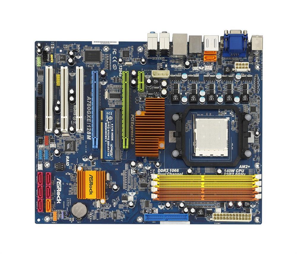 A780GXE/128M ASRock Socket AM2+/AM2 AMD 780G + SB700 Chipset AMD Phenom FX/ Phenom/ AMD Athlon 64 FX/ Athlon 64 X2 Dual-Core/ Athlon X2 Dual-Core/ AMD Athlon 64/ AMD Sempron Processors Support DDR2 4x DIMM 6x SATA2 3.0Gb/s ATX Motherboard (Refurbished)