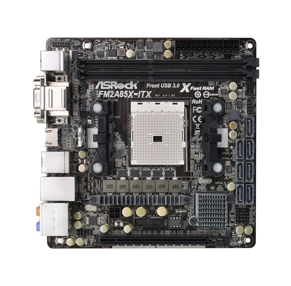 ASR-FM2A85X-ITX ASRock Socket FM2 AMD A85X Chipset FM2 100W Processors Support DDR3 2x DIMM 7x SATA3 6.0Gb/s Mini-ITX Motherboard (Refurbished)