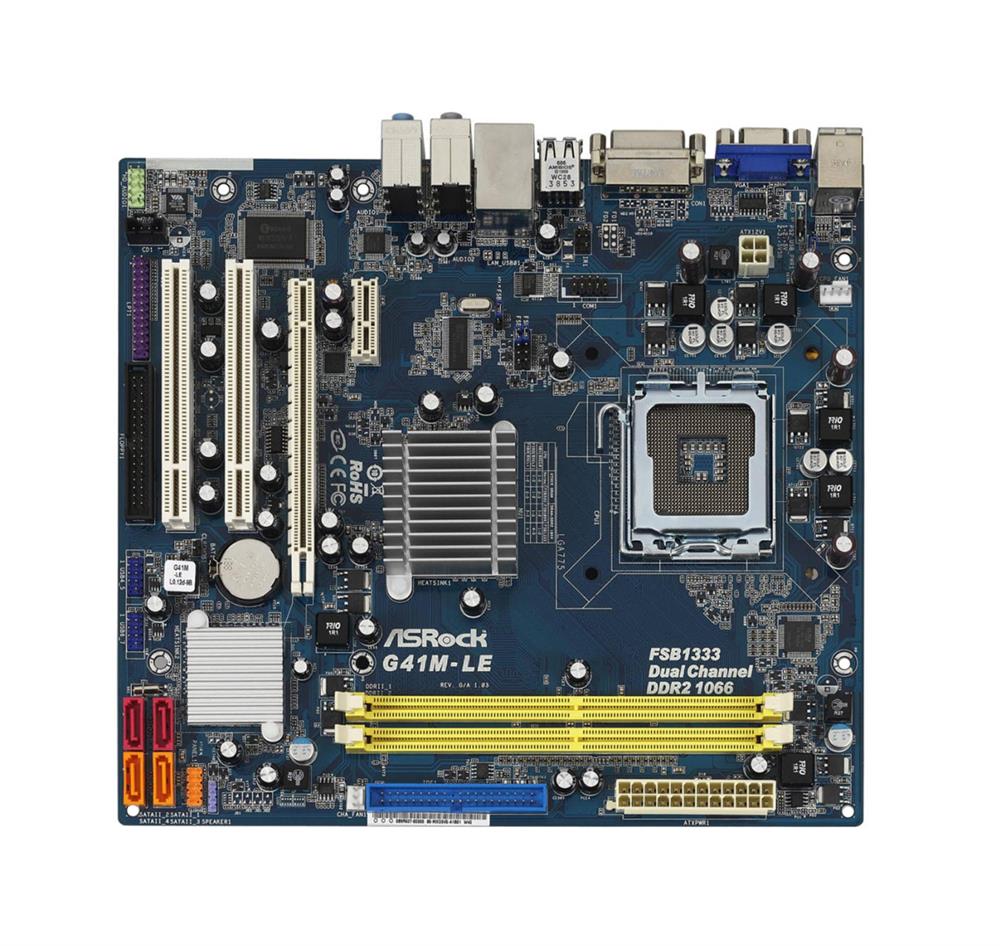 ASROCKG41M-LE ASRock G41M-LE Socket LGA 775 Intel G41 + ICH7 Chipset Core 2 Extreme/ Core 2 Duo/ Core 2 Quad/ Pentium Dual-Core/ Celeron Dual-Core/ Celeron Processors Support DDR2 2x DIMM 4x SATA2 3.0Gb/s Micro-ATX Motherboard (Refurbished)