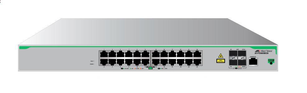 AT-FS980M/28 Allied Telesis CentreCOM Ethernet Switch 24 x Fast Ethernet Network, 4 x Gigabit Ethernet Uplink Manageable Twisted Pair, Optical Fiber Modular 4 Layer Supported Wall Mountable (Refurbished)