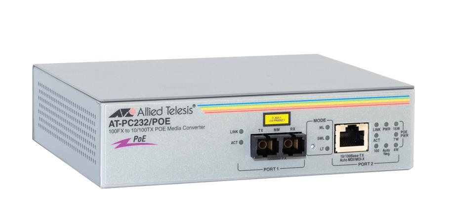 AT-PC232/POE-50 Allied Telesis 2 Port Fast Ethernet Speed Media Converter with PoE 1x Network RJ-45 1x SC Ports DuplexSC Port Multi-mode Fast Ethernet 10/100Base-TX 100Base-FX Desktop