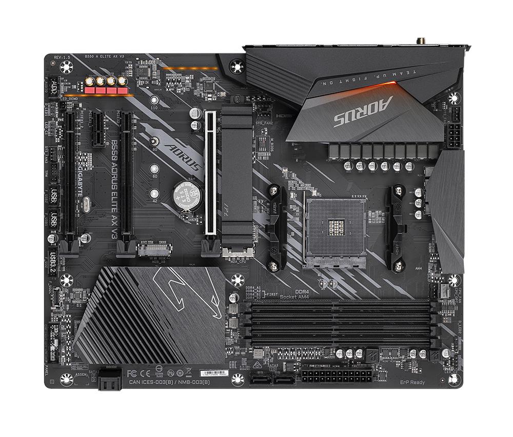 B550AORUSELITEAXV3(rev. 1.5) Gigabyte B550 AORUS ELITE AX V3 Socket AM4 AMD B550 Chipset AMD Ryzen 5000/ Ryzen 4000 G-Series/ Ryzen 3000 G-Series/ Ryzen 3000 Processors Support DDR4 4x DIMM 4x SATA 6.0Gb/s ATX Motherboard (Refurbished)