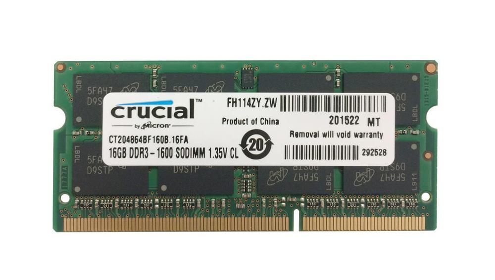 CT204864BF160B.16FA Crucial 16GB PC3-12800 DDR3-1600MHz non-ECC Unbuffered CL11 204-Pin SoDimm 1.35V Low Voltage Dual Rank Memory Module