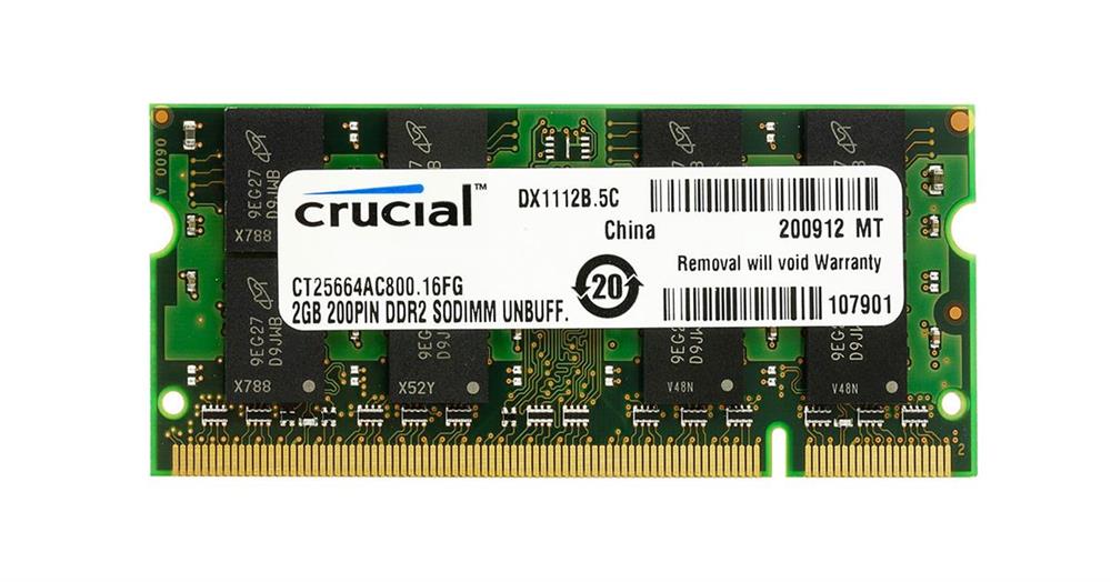 CT25664AC800.16FG Crucial 2GB PC2-6400 DDR2-800MHz non-ECC Unbuffered CL5 200-Pin SoDimm Memory Module