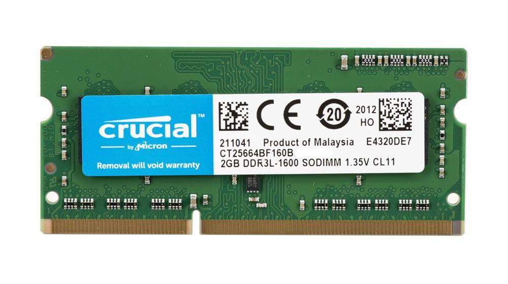 CT25664BF160B-AAK Crucial 2GB PC3-12800 DDR3-1600MHz non-ECC Unbuffered CL11 204-Pin SoDimm 1.35V Low Voltage Dual Rank Memory Module