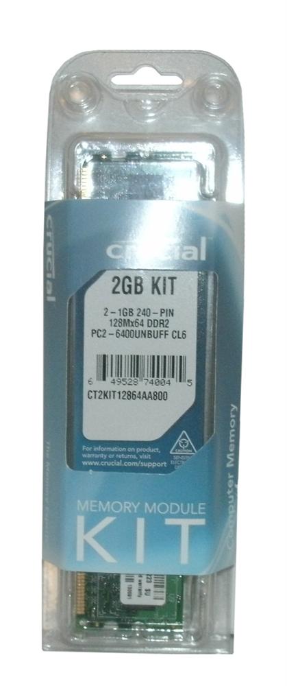 CT2KIT12864AA800 Crucial 2GB Kit (2 X 1GB) PC2-6400 DDR2-800MHz non-ECC Unbuffered CL6 240-Pin DIMM Memory