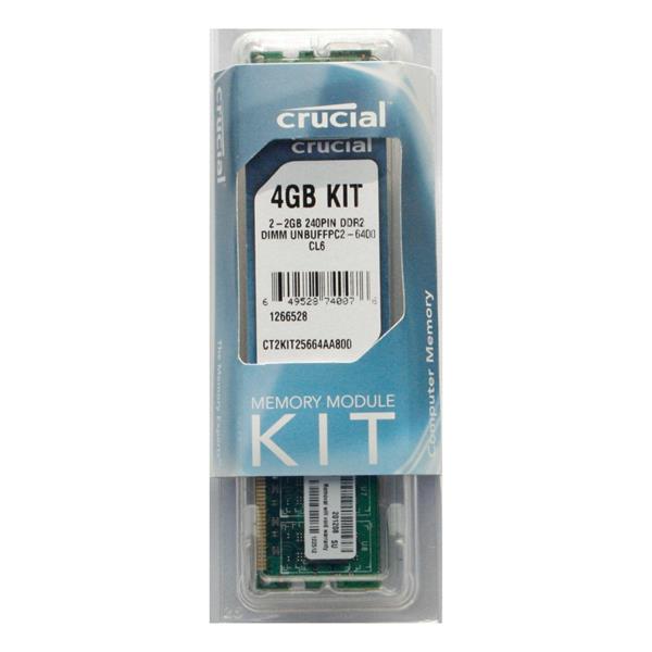 CT2KIT25664AA800 Crucial 4GB Kit (2 X 2GB) PC2-6400 DDR2-800MHz non-ECC Unbuffered CL6 240-Pin DIMM Memory