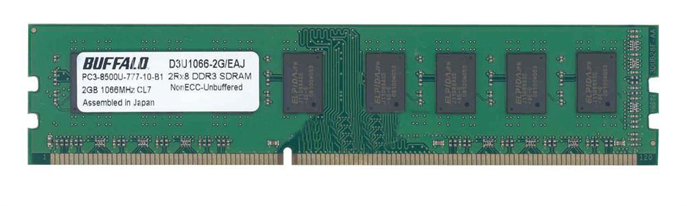 D3U1066-2G/EAJ Buffalo 2GB PC3-8500 DDR3-1066MHz non-ECC Unbuffered CL7 240-Pin DIMM Single Rank Memory Module
