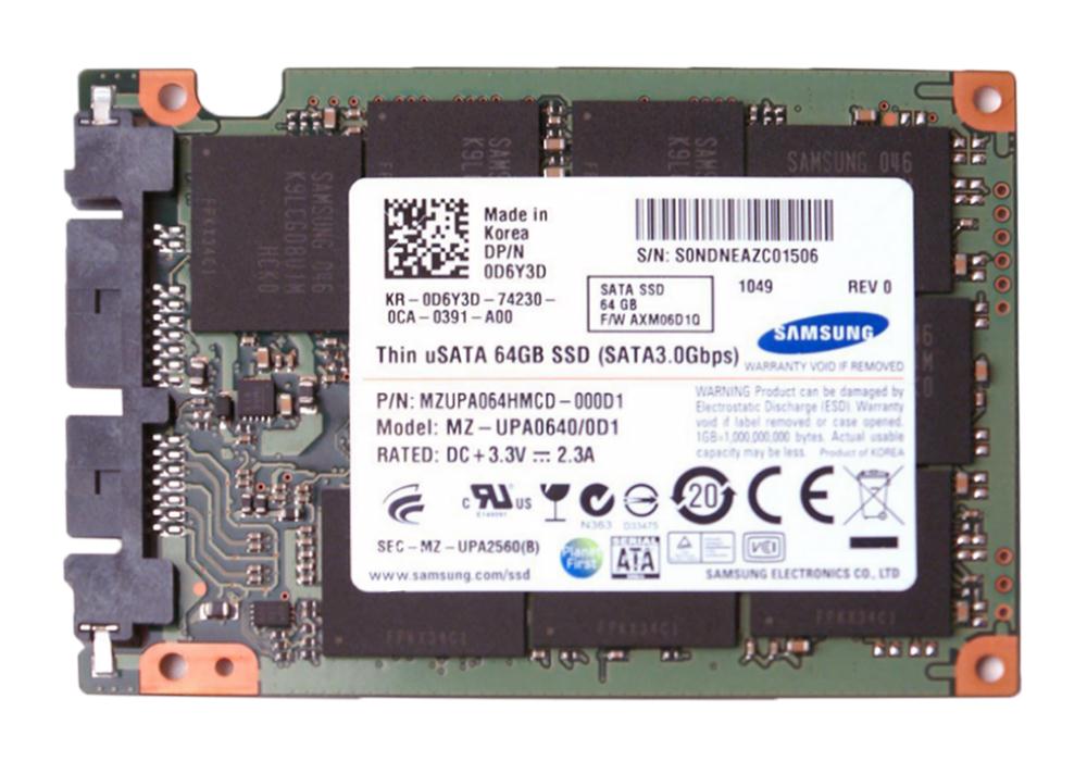 D6Y3D Dell 64GB MLC SATA 3Gbps uSATA 1.8-inch Internal Solid State Drive (SSD)