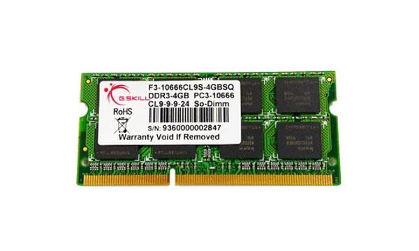 F3-10666CL9S-4GBSQ G.Skill SQ 4GB PC3-10600 DDR3-1333MHz non-ECC Unbuffered CL9 204-Pin SoDimm Dual Rank Memory Module