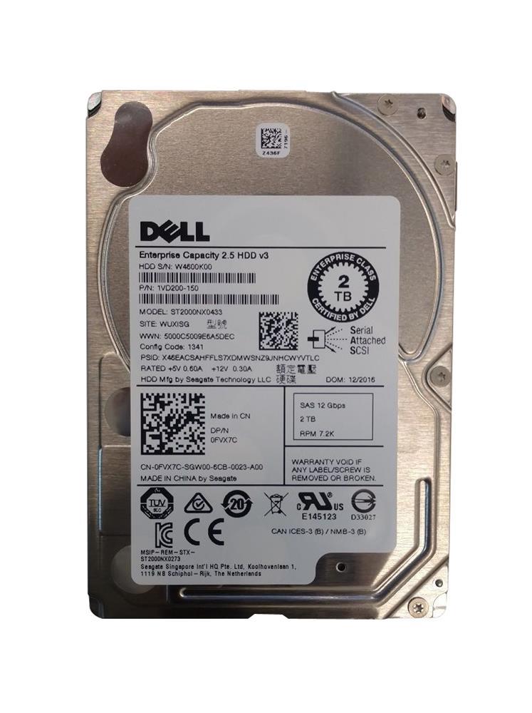 FVX7C Dell 2TB 7200RPM SAS 12Gbps Hot Swap 128MB Cache 2.5-inch Internal Hard Drive with Tray