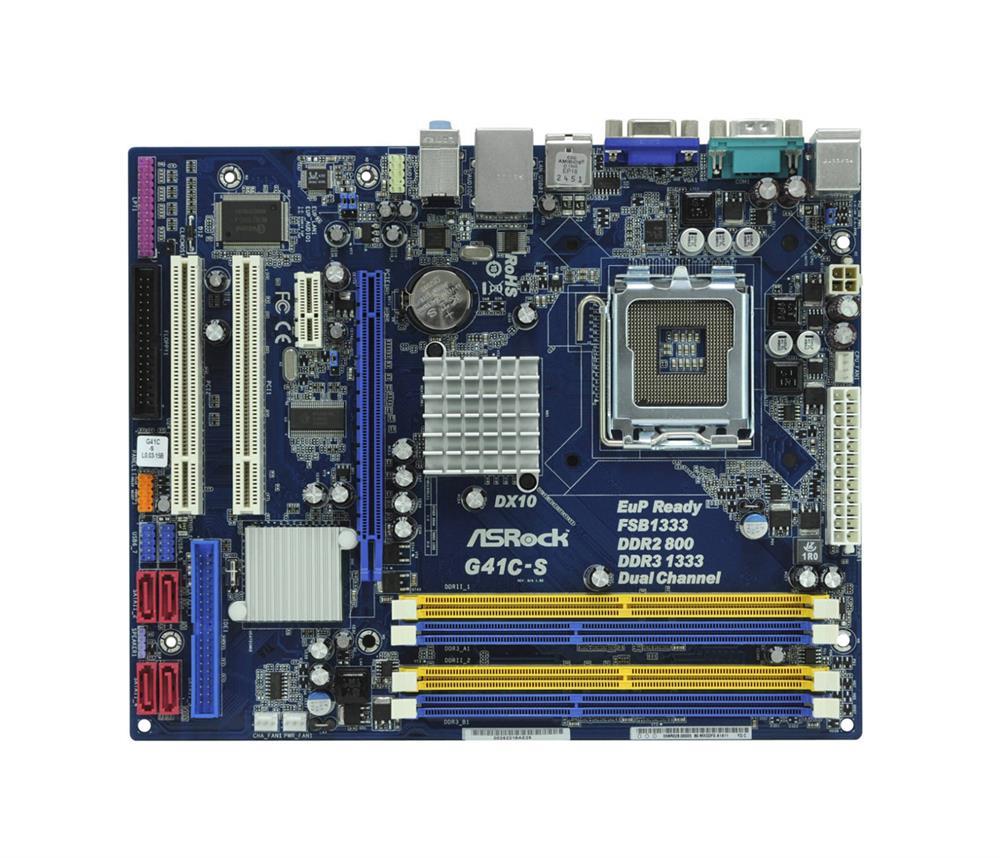 G41C-S ASRock Socket LGA 775 Intel G31 + ICH7 Chipset Core 2 Extreme/ Core 2 Quad/ Core 2 Duo/ Pentium Dual-Core/ Celeron Dual-Core/ Celeron Processors Support DDR3/DDR2 2x DIMM 4x SATA2 3.0Gb/s ATX Motherboard (Refurbished)