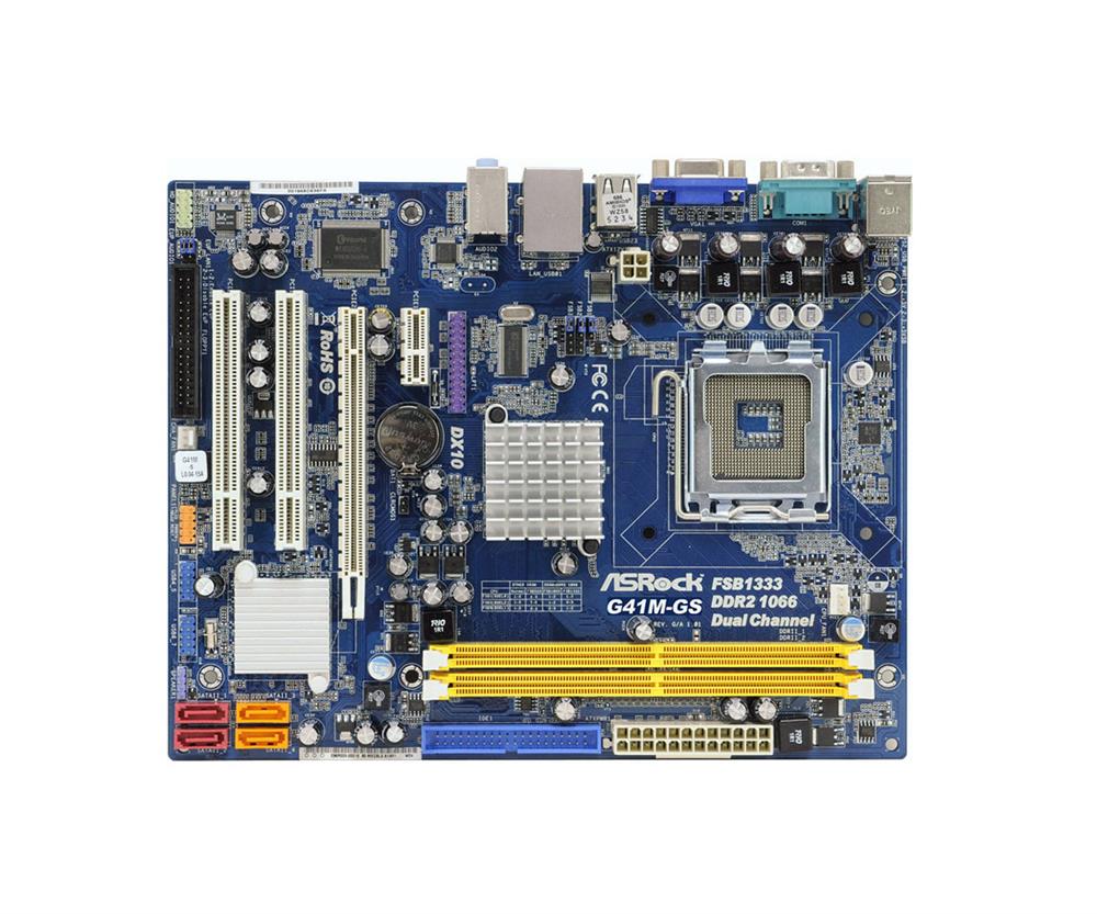 G41M-GS ASRock Socket LGA 775 Intel G41 + ICH7 Chipset Core 2 Extreme/ Core 2 Quad/ Core 2 Duo/ Pentium Dual-Core/ Celeron Dual-Core/ Celeron Processors Support DDR2 2x DIMM 4x SATA2 3.0Gb/s Micro-ATX Motherboard (Refurbished)