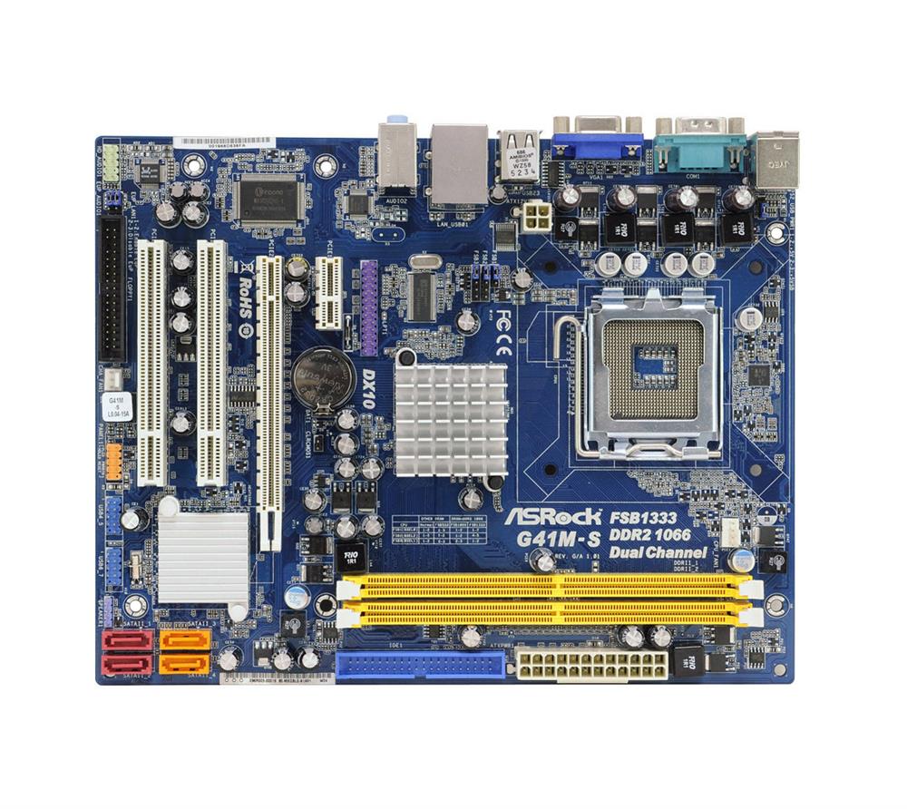 G41M-S ASRock Socket LGA 775 Intel G41 + ICH7 Chipset Core 2 Extreme/ Core 2 Quad/ Core 2 Duo/ Pentium Dual-Core/ Celeron Dual-Core/ Celeron Processors Support DDR2 2x DIMM 4x SATA2 3.0Gb/s Micro-ATX Motherboard (Refurbished)
