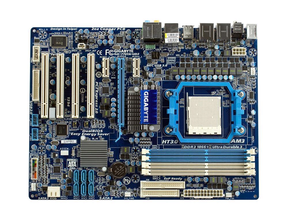 GA-770TA-UD3-A1 Gigabyte Socket AM3 AMD 770/ SB710 Chipset AMD Phenom II/ AMD Athlon II/ Processors Support DDR3 4x DIMM 6x SATA 3.0Gb/s ATX Motherboard (Refurbished)