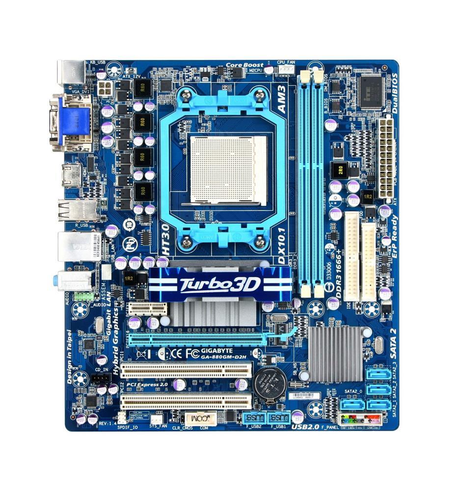 GA-880GM-D2H (rev. 3.1) Gigabyte Socket AM3+ AMD 880G/ SB710 Chipset AMD AM3 Phenom II/ Athlon II Processors Support DDR3 2x DIMM 4x SATA 3.0Gb/s Micro-ATX Motherboard  (Refurbished)