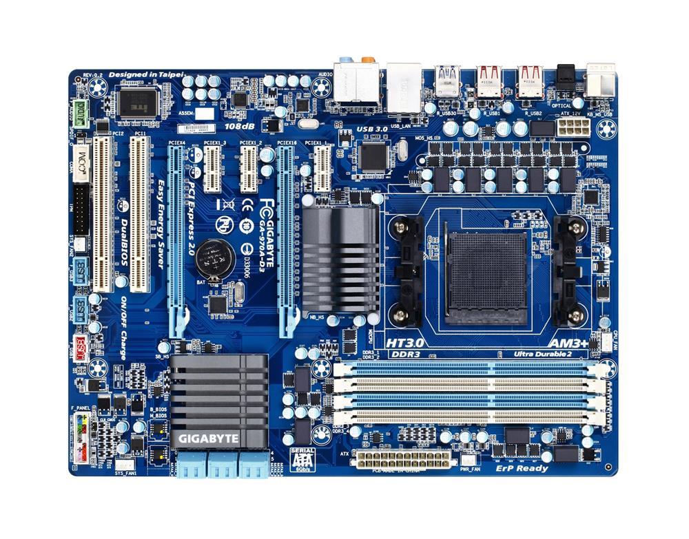 GA-970A-D3(rev.1.0/1.1) Gigabyte Socket AM3+ AMD 970/ SB950 Chipset AMD AM3+ FX/ AMD AM3 Phenom II/ Athlon II Processors Support DDR3 4x DIMM 6x SATA 6.0Gb/s ATX Motherboard (Refurbished) GA-970A-D3 (rev. 1.0/1.1)
