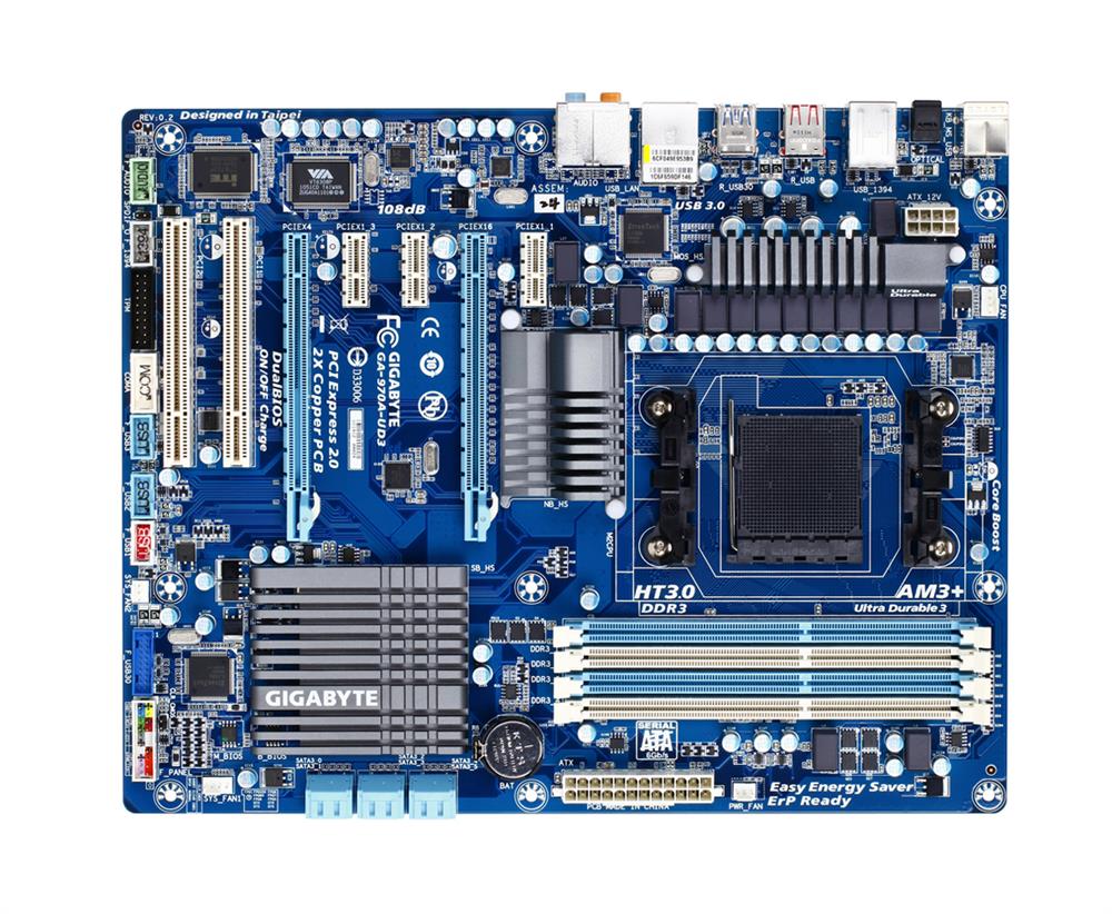 GA-970A-UD3 Gigabyte Socket AM3+ AMD 970/ SB950 Chipset AM3+ FX/ AMD AM3 Phenom II/ Athlon II Processors Support DDR3 4x DIMM 6x SATA 6.0Gb/s ATX Motherboard (Refurbished)