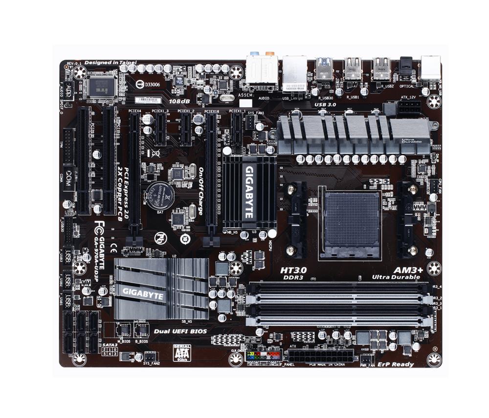 GA-970A-UD3P Gigabyte Socket AM3+ AMD 970/ SB950 Chipset AM3+ FX/ AMD AM3 Phenom II/ Athlon II Processors Support DDR3 4x DIMM 6x SATA 6.0Gb/s ATX Motherboard (Refurbished)
