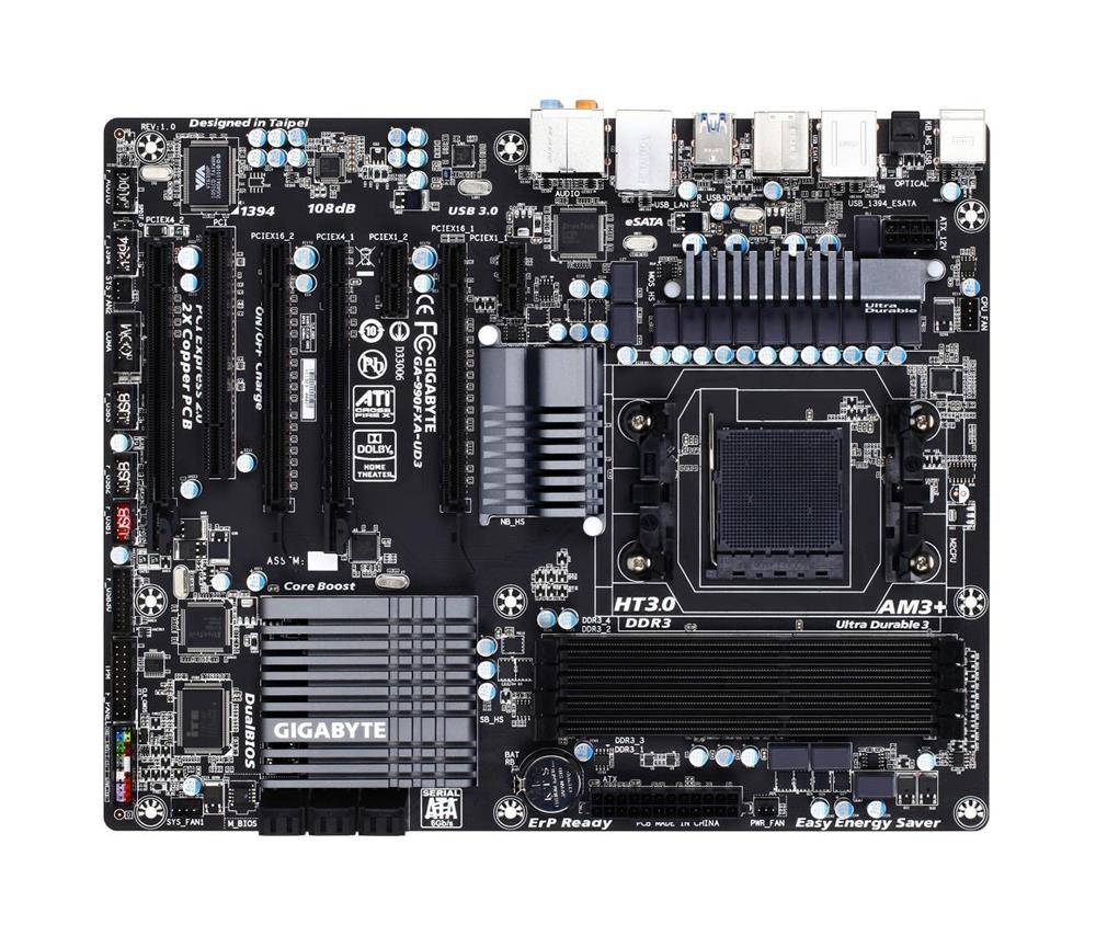 GA-990FXA-UD3(rev.3.0) Gigabyte Socket AM3+ AMD 990FX/ SB950 Chipset AM3+ FX/ AMD AM3 Phenom II/ Athlon II Processors Support DDR3 4x DIMM 6x SATA 6.0Gb/s ATX Motherboard (Refurbished) GA-990FXA-UD3 (rev. 3.0)