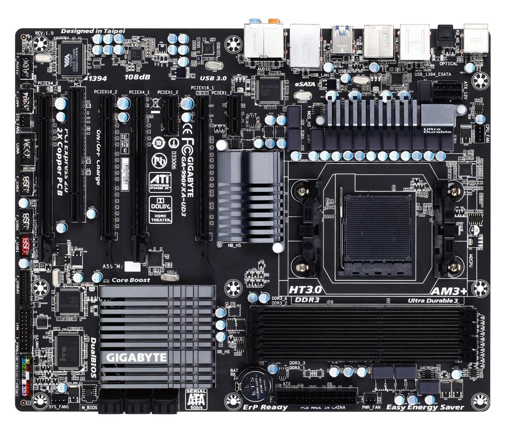 GA-990FXA-UD3 Gigabyte Socket AM3 AMD 990FX/ SB950 Chipset AMD AM3+ FX/ AM3 Phenom II/ AMD Athlon II Processors Support DDR3 4x DIMM 6x SATA 6.0Gb/s ATX Motherboard (Refurbished)