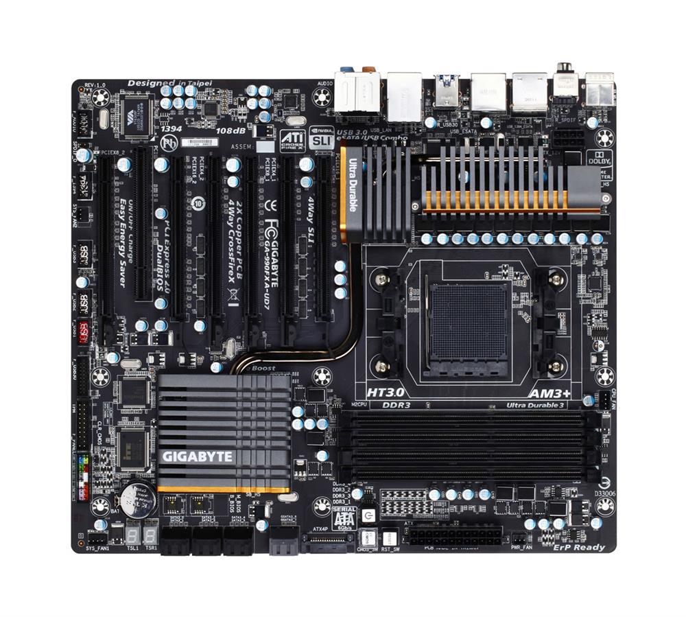 GA-990FXA-UD7 Gigabyte Socket AM3+ AMD 990FX/ SB950 Chipset AMD AM3+ FX/ AM3 Phenom II/ Athlon II Processors Support DDR3 4x DIMM 6x SATA 6.0Gb/s Extended-ATX Motherboard (Refurbished)