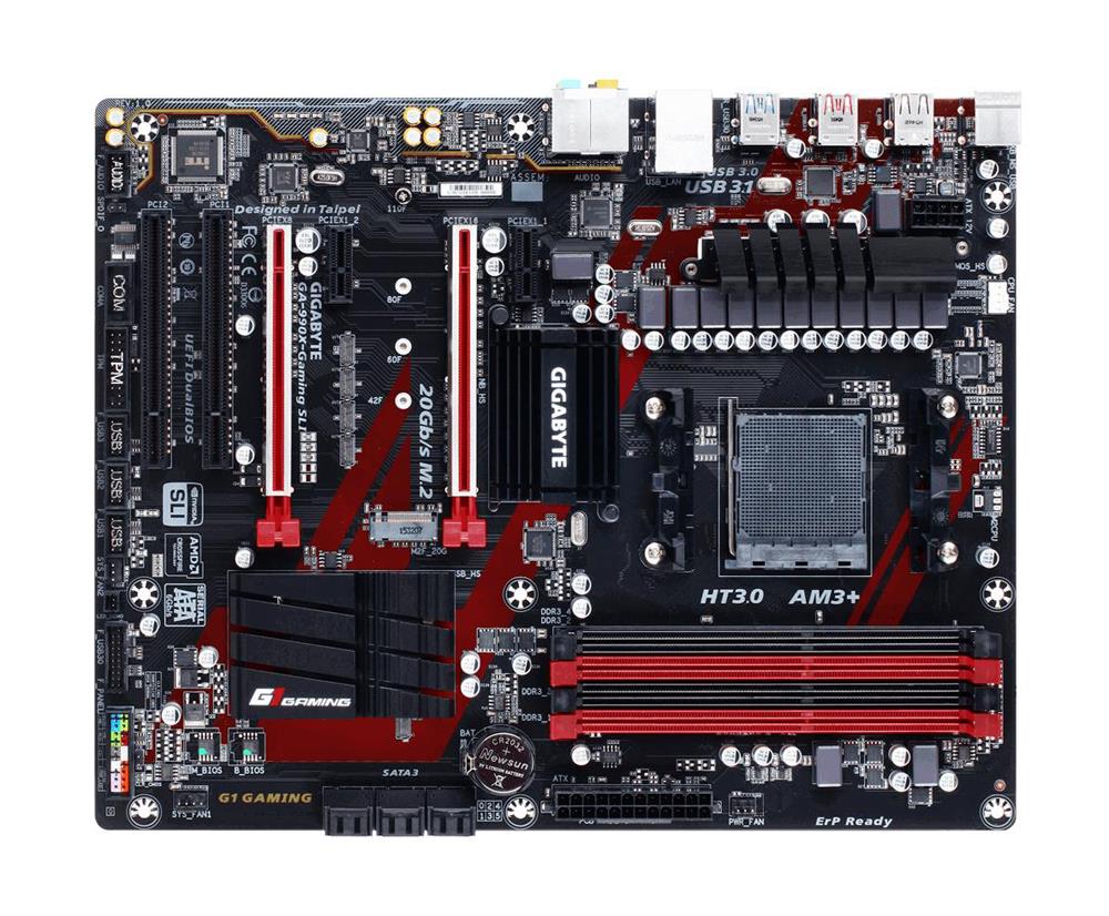 GA-990X-GamingSLI Gigabyte Socket AM3+ AMD 990X/ SB950 Chipset AMD AM3+ FX/ AM3 Phenom II/ Athlon II Processors Support DDR3 4x DIMM 6x SATA 6.0Gb/s ATX Motherboard (Refurbished) GA-990X-Gaming SLI