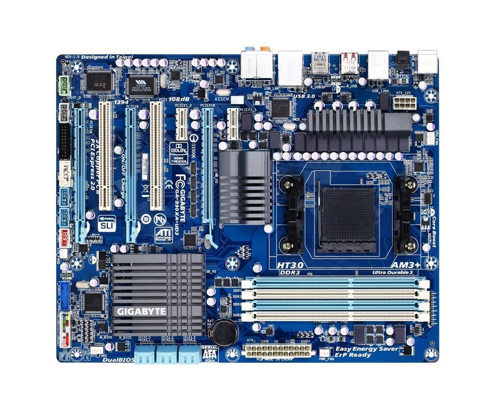 GA-990XA-UD3 (rev. 1.x) Gigabyte Socket AM3+ AMD 990X/ SB950 Chipset AMD AM3+ FX/ AM3 Phenom II/ Athlon II Processors Support DDR3 4x DIMM 6x SATA 6.0Gb/s ATX Motherboard  (Refurbished)