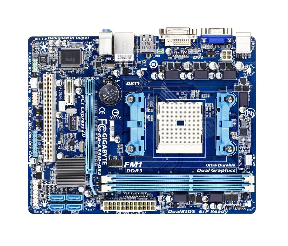 GA-A55M-DS2 Gigabyte Socket FM1 AMD A55 Chipset AMD A & E2-Series/ AMD Athlon II/ AMD Sempron Series Processors Support DDR3 2x DIMM 4x SATA 3.0Gb/s Micro-ATX Motherboard (Refurbished)