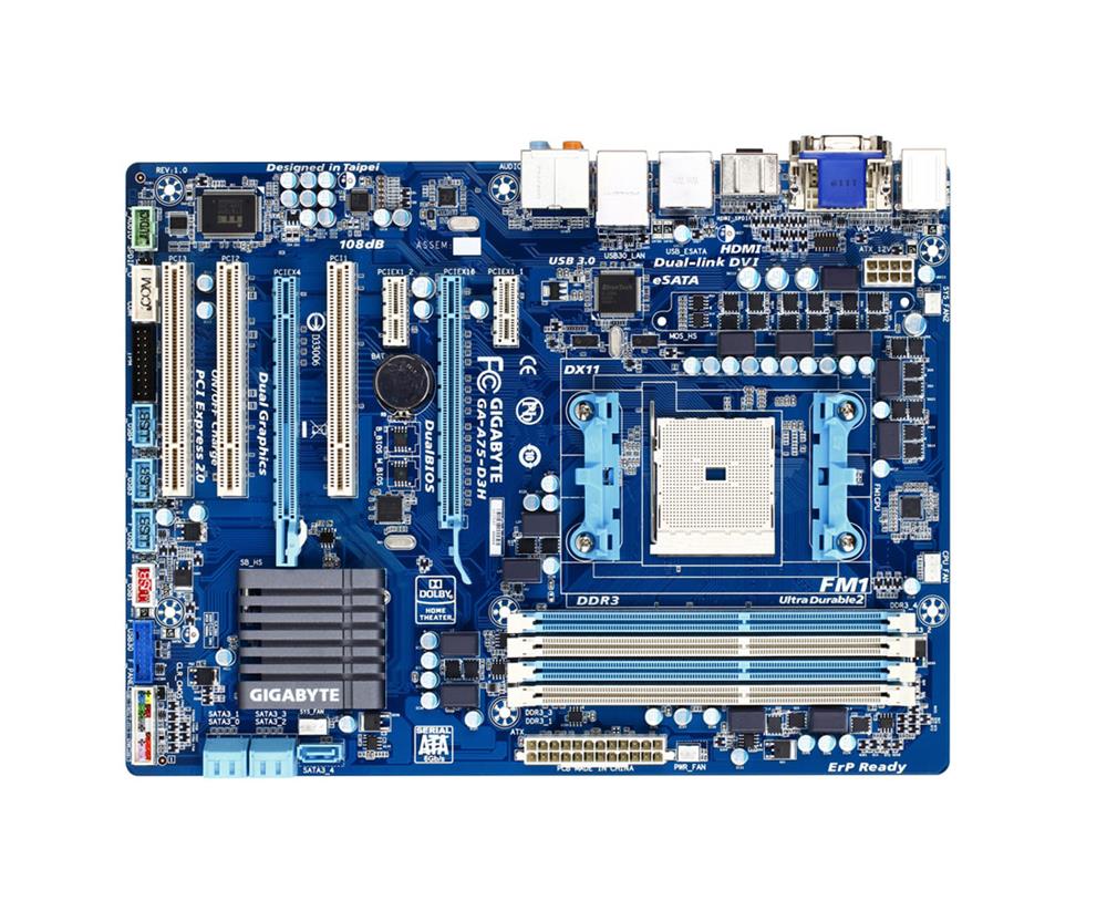 GA-A75-D3H Gigabyte Socket FM1 AMD A75 Chipset AMD A & E2- Series Processors Support DDR3 4x DIMM 5x SATA 6.0Gb/s ATX Motherboard (Refurbished)