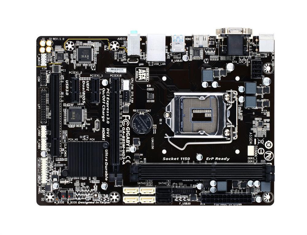 GA-B85M-HD3-A (rev. 1.0) Gigabyte Socket LGA 1150 Intel B85 Express Chipset Core i7 / i5 / i3 / Pentium / Celeron Processors Support DDR3 2x DIMM 4x SATA 6.0Gb/s Micro-ATX Motherboard (Refurbished)