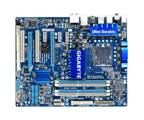 GA-EP45T-USB3P Gigabyte Ultra Durable 3 Desktop Motherboard Intel P45 Express Chipset Socket T LGA-775 ATX 1 x Processor Support 16GB DDR3 SDRAM Maximum RAM CrossFireX Support Floppy Controller, Serial ATA/300, Ultra ATA/133 (ATA-7) RAID Supported Controller 2 x PCIe x16 Slot 2 x USB 3.0 Port (Refurbished)