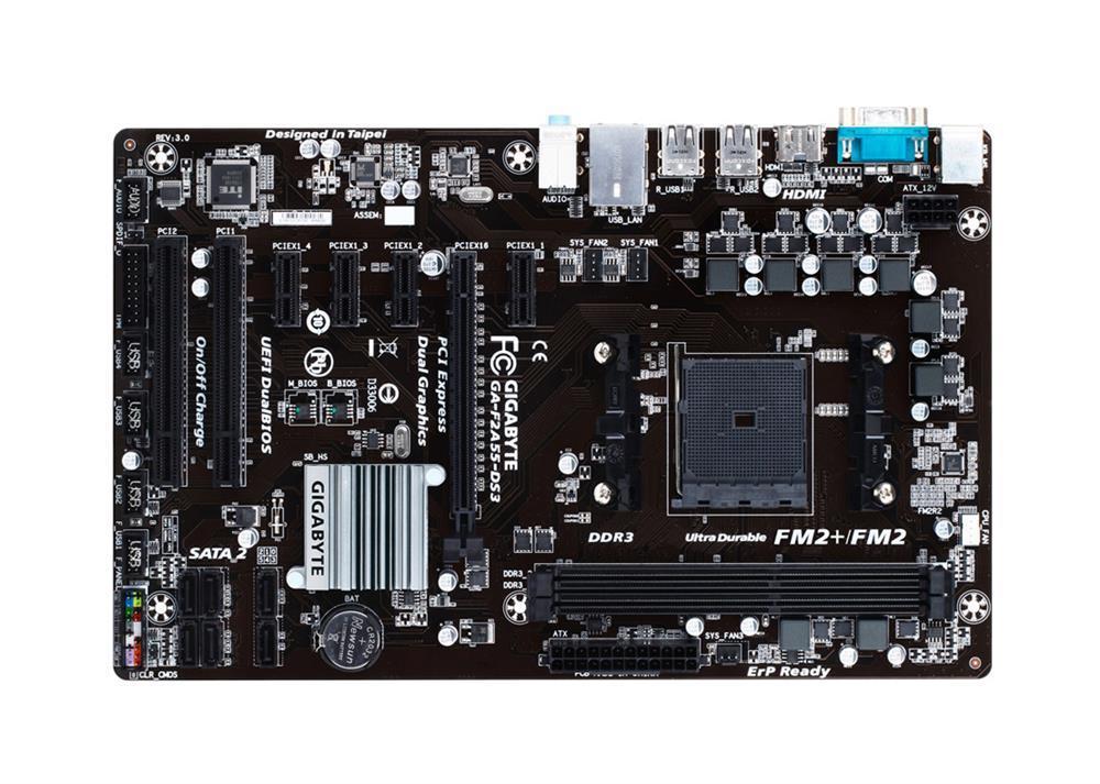 GA-F2A55-DS3(rev.2.0) Gigabyte Socket FM2+ AMD A55 Chipset AMD A-Series Processors Support DDR3 2x DIMM 6x SATA 3.0Gb/s Micro-ATX Motherboard (Refurbished) GA-F2A55-DS3 (rev. 2.0)
