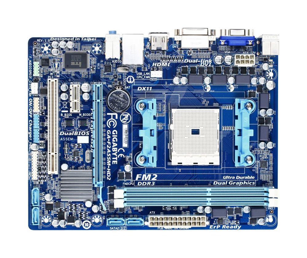 GA-F2A55M-HD2 Gigabyte Socket FM2 AMD A55 Chipset AMD A-Series/ AMD Athlon Series Processors Support DDR3 2x DIMM 4x SATA 3.0Gb/s Micro-ATX Motherboard (Refurbished)