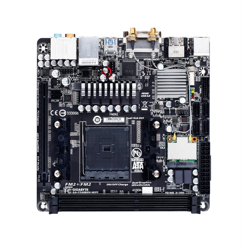 GA-F2A88XN-WIFI(rev.3.0) Gigabyte Socket FM2+ AMD A88X Chipset AMD A-Series/ AMD Athlon Processors Support DDR3 2x DIMM 4x SATA 6.0Gb/s Mini-ITX Motherboard (Refurbished) GA-F2A88XN-WIFI (rev. 3.0)