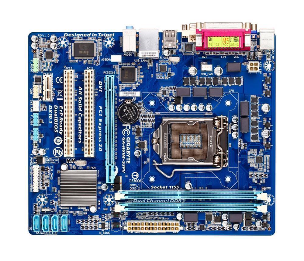GA-H61M-S2PV (rev. 2.2) Gigabyte Socket LGA 1155 Intel H61 Express Chipset Core i7 / i5 / i3 / Pentium / Celeron Processors Support DDR3 2x DIMM 4x SATA 3.0Gb/s Micro-ATX Motherboard (Refurbished)