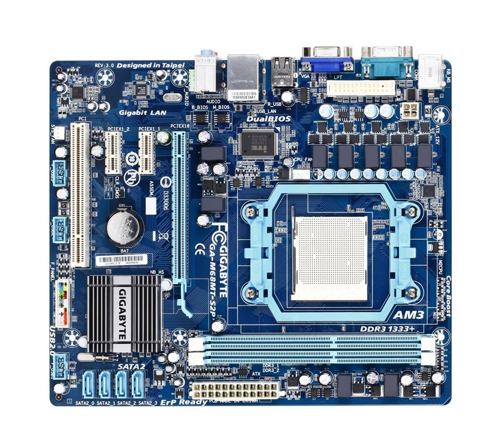 GA-M68MT-S2P(rev.3.1) Gigabyte Socket AM3 Nvidia GeForce 7025/ nForce 630a Chipset AMD Phenom II/ AMD Athlon II Processors Support DDR3 2x DIMM 4x SATA 3.0Gb/s Micro-ATX Motherboard (Refurbished) GA-M68MT-S2P (rev. 3.1)
