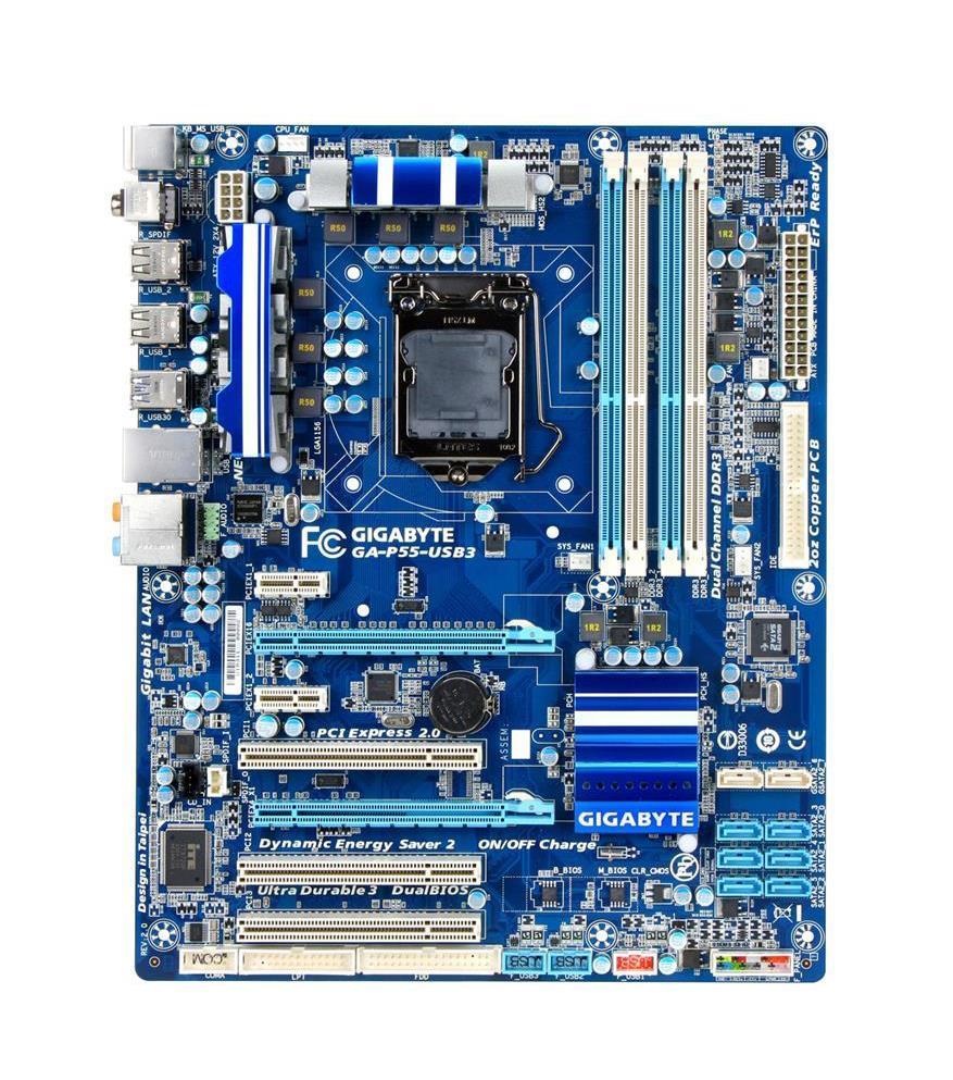 GA-P55-USB3(rev.2.0) Gigabyte Socket LGA 1156 Intel P55 Express Chipset Core i7 / i5 / i3 / Processors Support DDR3 4x DIMM 6x SATA 3.0Gb/s ATX Motherboard (Refurbished) GA-P55-USB3 (rev. 2.0)