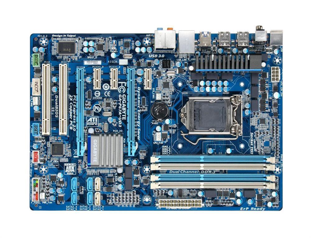 GA-P67A-UD3(rev.1.1) Gigabyte Socket LGA 1155 Intel P67 Express Chipset Core i7 / i5 / i3 / Pentium / Celeron Processors Support DDR3 4x DIMM 2x SATA 6.0Gb/s ATX Motherboard (Refurbished) GA-P67A-UD3 (rev. 1.1)