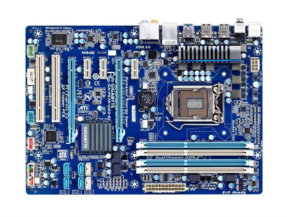GA-P67A-UD3-B3(rev.1.x) Gigabyte Socket LGA 1155 Intel P67 Express Chipset Core i7 / i5 / i3 / Pentium / Celeron Processors Support DDR3 4x DIMM 2x SATA 6.0Gb/s ATX Motherboard (Refurbished) GA-P67A-UD3-B3 (rev. 1.x)