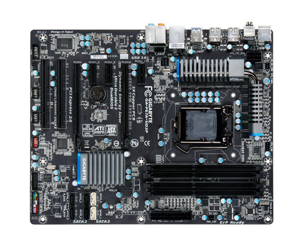GA-P67A-UD3P(rev.1.0) Gigabyte Socket LGA 1155 Intel P67 Express Chipset Core i7 / i5 / i3 / Pentium / Celeron Processors Support DDR3 4x DIMM 2x SATA 6.0Gb/s ATX Motherboard (Refurbished) GA-P67A-UD3P (rev. 1.0)