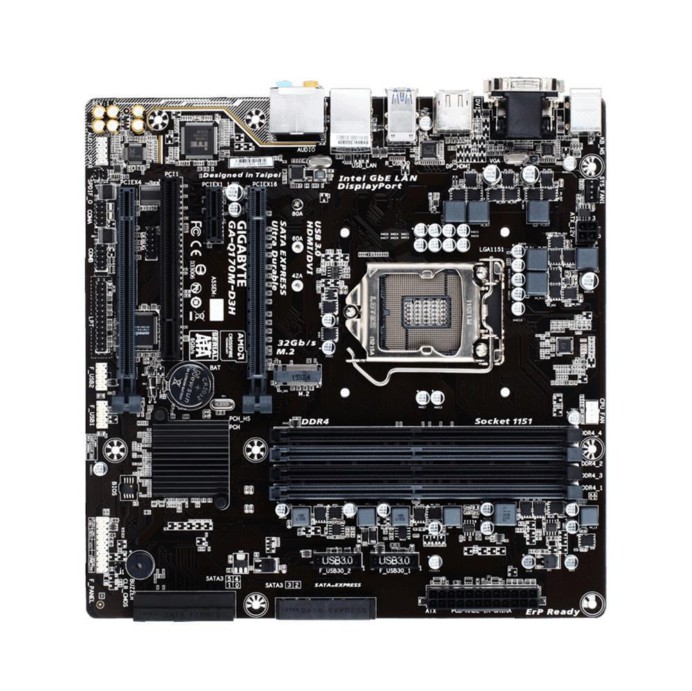 GA-Q170M-D3H (rev. 1.0) Gigabyte Socket LGA 1151 Intel Q170 Express Chipset 7th/6th Generation Core i7 / i5 / i3 / Pentium / Celeron Processors Support DDR4 4x DIMM 6x SATA 6.0Gb/s Micro-ATX Motherboard (Refurbished)