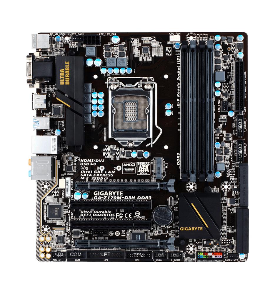 GA-Z170M-D3HDDR3 Gigabyte Socket LGA 1151 Intel Z170 Express Chipset 7th/6th Generation Core i7 / i5/ i3 / Pentium / Celeron Processors Support DDR4 4x DIMM 6x SATA 6.0Gb/s Micro-ATX Motherboard (Refurbished) GA-Z170M-D3H DDR3