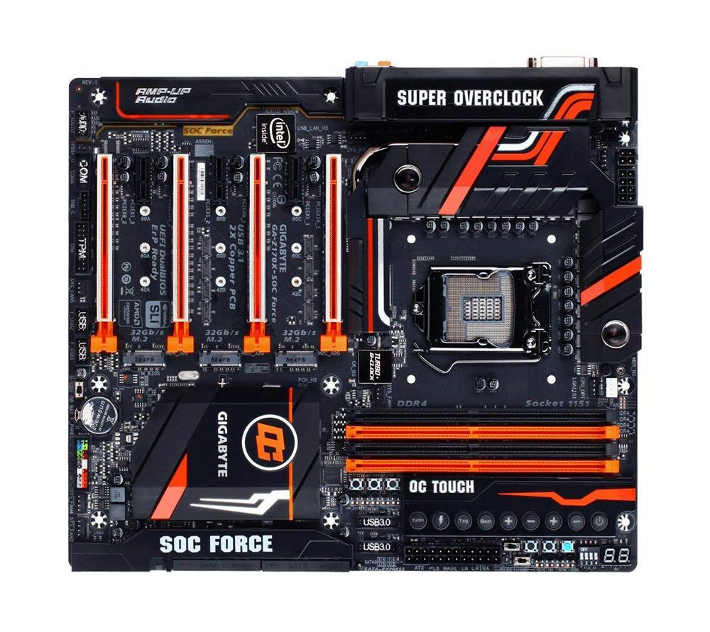 GA-Z170X-SOCFORCE Gigabyte Socket LGA 1151 Intel Z170 Express Chipset 7th/6th Generation Core i7 / i5 / i3 / Pentium / Celeron Processors Support DDR 4x DIMM 6x SATA 6.0Gb/s Extended ATX Motherboard (Refurbished) GA-Z170X-SOC FORCE