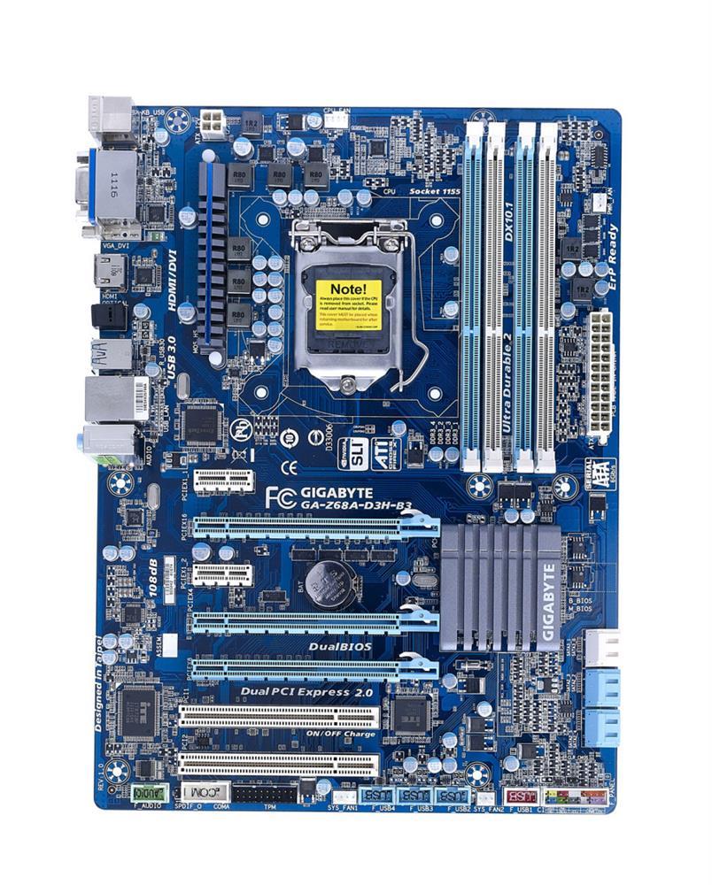 GA-Z68A-D3H-B3 (rev. 1.3) Gigabyte Socket LGA 1155 Intel Z68 Express Chipset Core i7 / i5 / i3 / Pentium / Celeron Processors Support DDR3 4x DIMM 2x SATA 6.0Gb/s ATX Motherboard (Refurbished)
