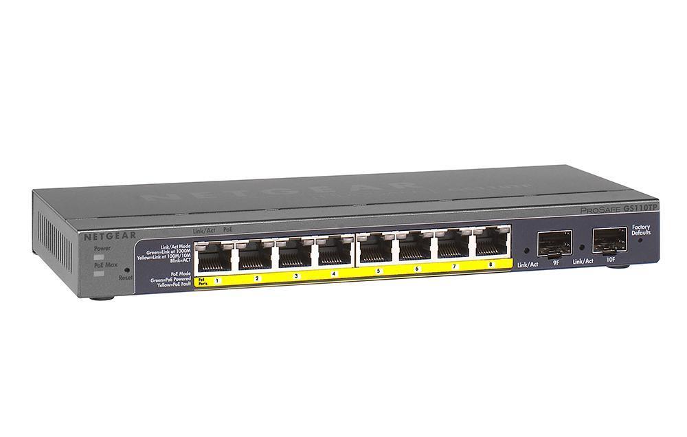 GS110TP-200NAS NetGear Prosafe 8-Ports Gigabit PoE Smart Switch with 2 Fiber SFP Slots (Refurbished)